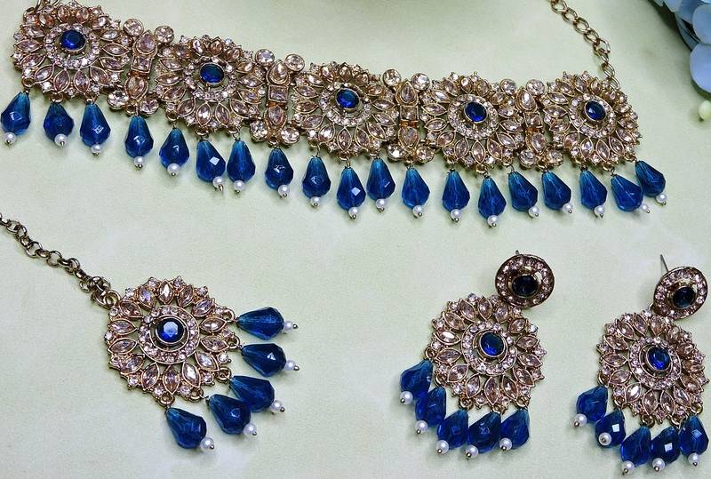 Blue yellow gold premium designer american diamond and stone work necklace set