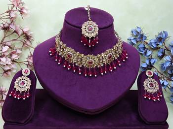 Pink yellow gold premium designer american diamond and stone work necklace set 1