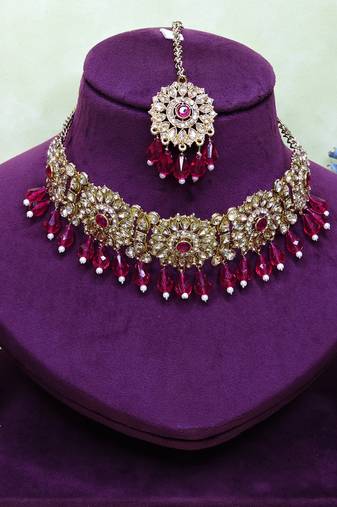 Pink yellow gold premium designer american diamond and stone work necklace set
