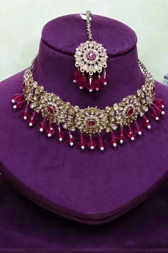 Pink yellow gold premium designer american diamond and stone work necklace set