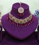 Pink yellow gold premium designer american diamond and stone work necklace set