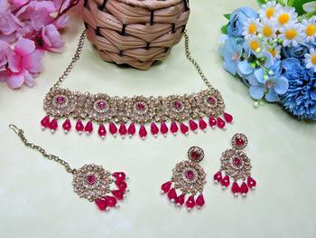 Pink yellow gold premium designer american diamond and stone work necklace set 2