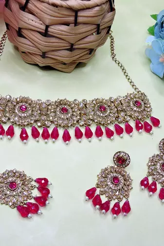 Pink yellow gold premium designer american diamond and stone work necklace set