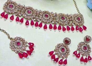 Pink yellow gold premium designer american diamond and stone work necklace set 3