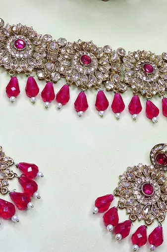 Pink yellow gold premium designer american diamond and stone work necklace set
