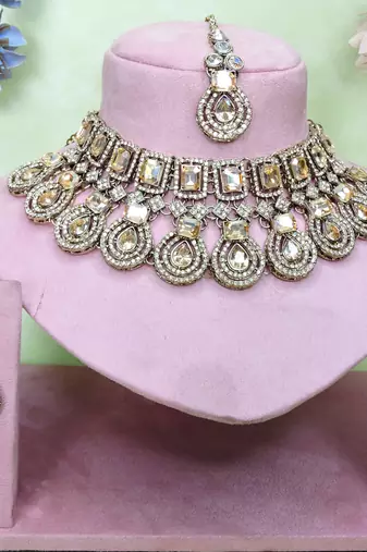 Gold yellow gold premium designer american diamond and stone work necklace set