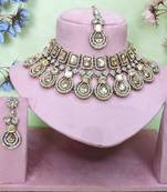 Gold yellow gold premium designer american diamond and stone work necklace set
