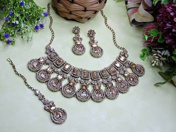 Gold yellow gold premium designer american diamond and stone work necklace set 2