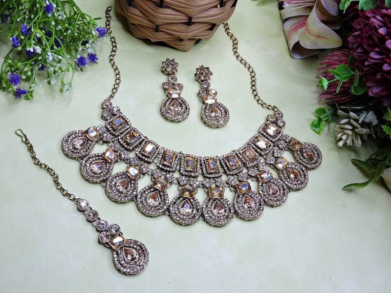 Gold yellow gold premium designer american diamond and stone work necklace set