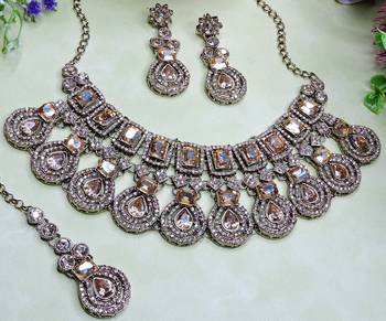 Gold yellow gold premium designer american diamond and stone work necklace set 3