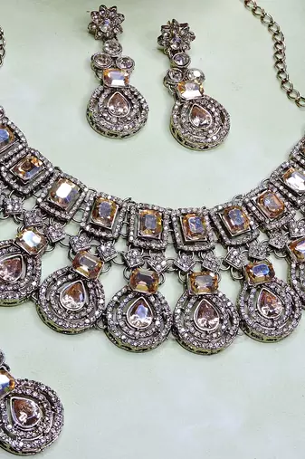 Gold yellow gold premium designer american diamond and stone work necklace set