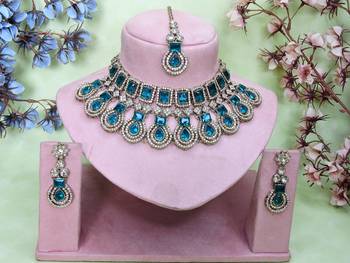 Green yellow gold premium designer american diamond and stone work necklace set 1