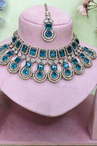 Green yellow gold premium designer american diamond and stone work necklace set