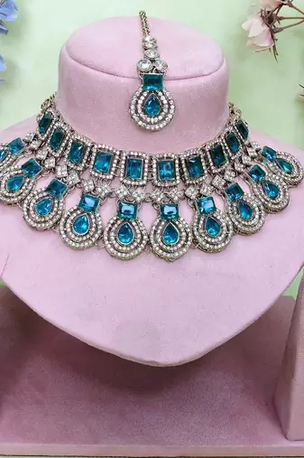 Green yellow gold premium designer american diamond and stone work necklace set
