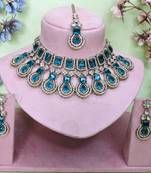 Green yellow gold premium designer american diamond and stone work necklace set