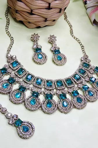 Green yellow gold premium designer american diamond and stone work necklace set