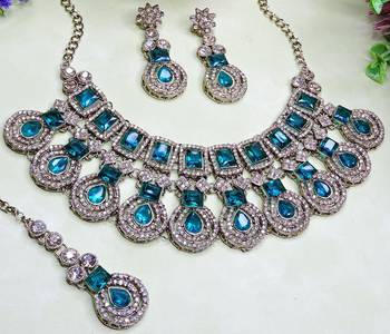 Green yellow gold premium designer american diamond and stone work necklace set 3