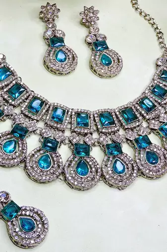 Green yellow gold premium designer american diamond and stone work necklace set