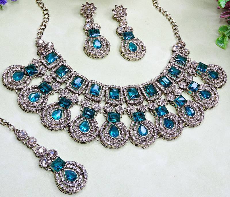 Green yellow gold premium designer american diamond and stone work necklace set
