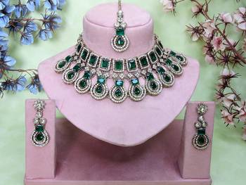 Green yellow gold premium designer american diamond and stone work necklace set 1
