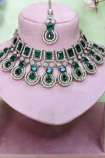 Green yellow gold premium designer american diamond and stone work necklace set