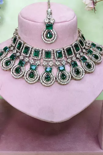 Green yellow gold premium designer american diamond and stone work necklace set