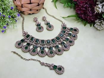 Green yellow gold premium designer american diamond and stone work necklace set 2