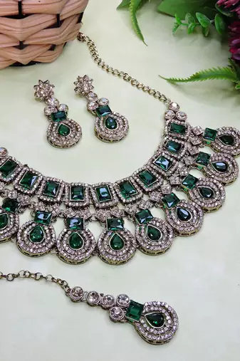 Green yellow gold premium designer american diamond and stone work necklace set