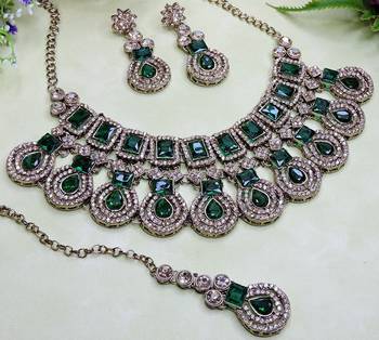 Green yellow gold premium designer american diamond and stone work necklace set 3