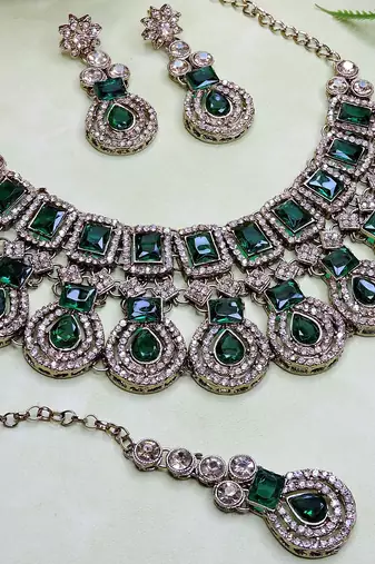 Green yellow gold premium designer american diamond and stone work necklace set