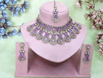 Purple yellow gold premium designer american diamond and stone work necklace set 1