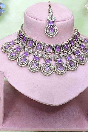 Purple yellow gold premium designer american diamond and stone work necklace set