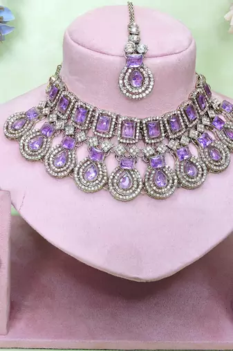 Purple yellow gold premium designer american diamond and stone work necklace set