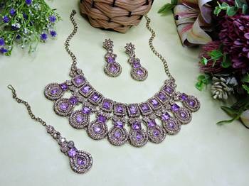 Purple yellow gold premium designer american diamond and stone work necklace set 2