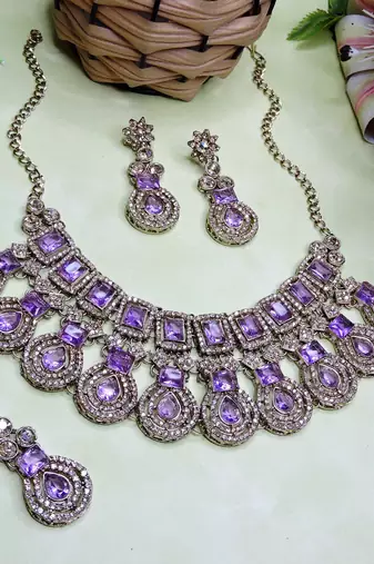 Purple yellow gold premium designer american diamond and stone work necklace set