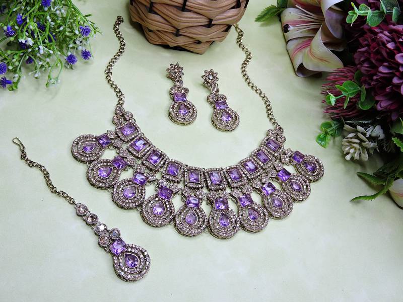 Purple yellow gold premium designer american diamond and stone work necklace set