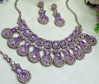 Purple yellow gold premium designer american diamond and stone work necklace set 3