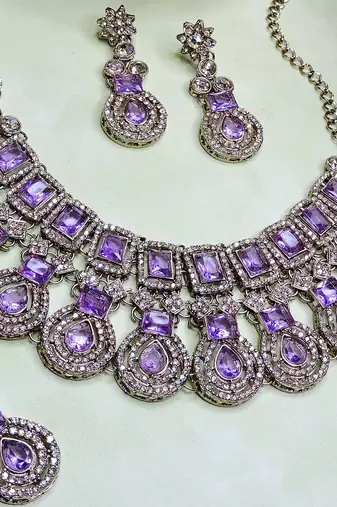 Purple yellow gold premium designer american diamond and stone work necklace set