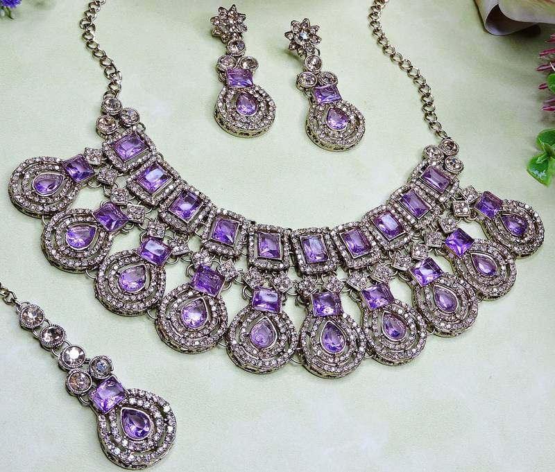 Purple yellow gold premium designer american diamond and stone work necklace set