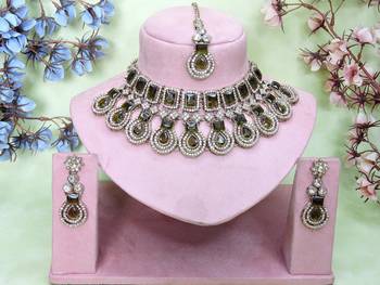 Green yellow gold premium designer american diamond and stone work necklace set 1
