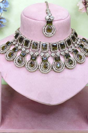 Green yellow gold premium designer american diamond and stone work necklace set