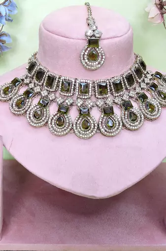 Green yellow gold premium designer american diamond and stone work necklace set