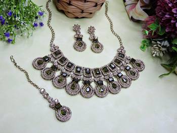 Green yellow gold premium designer american diamond and stone work necklace set 2