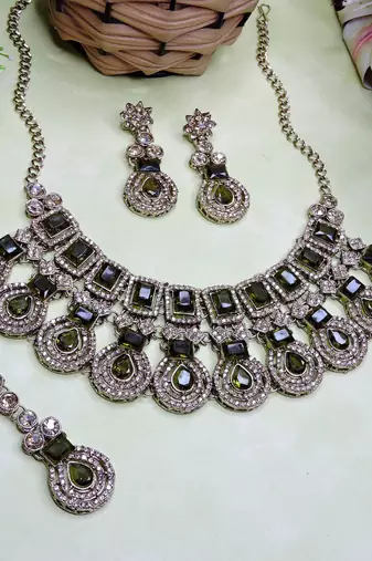 Green yellow gold premium designer american diamond and stone work necklace set