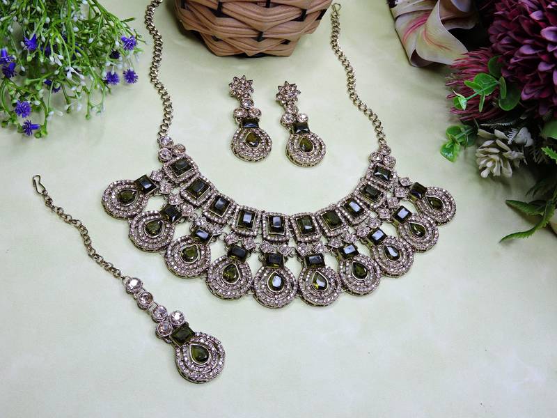 Green yellow gold premium designer american diamond and stone work necklace set