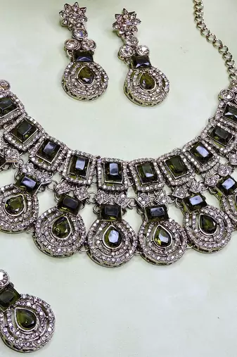 Green yellow gold premium designer american diamond and stone work necklace set