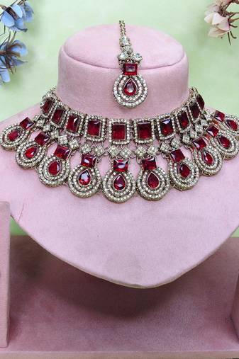 Maroon yellow gold premium designer american diamond and stone work necklace set