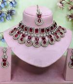 Maroon yellow gold premium designer american diamond and stone work necklace set