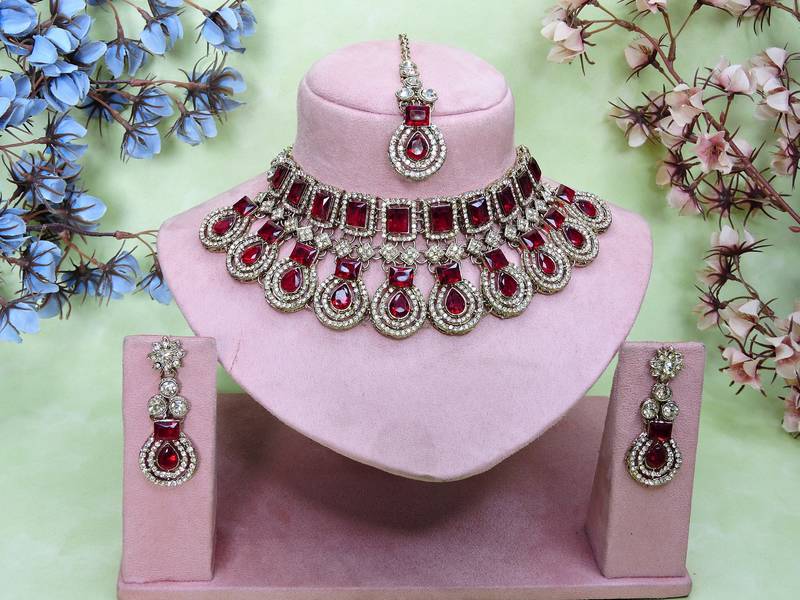 Maroon yellow gold premium designer american diamond and stone work necklace set