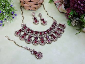 Maroon yellow gold premium designer american diamond and stone work necklace set 2